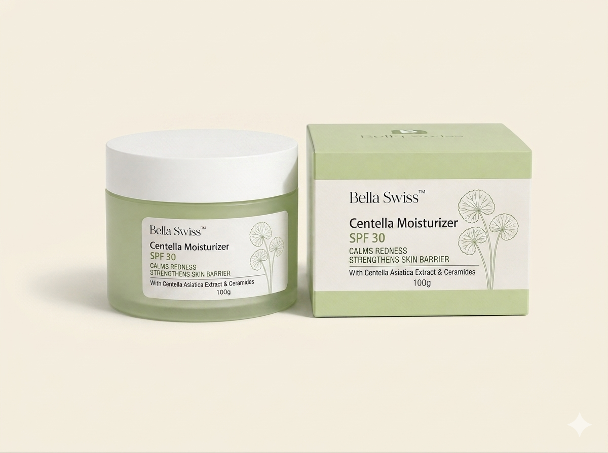 Bella Swiss Centella Moisturizer jar beside its botanical packaging