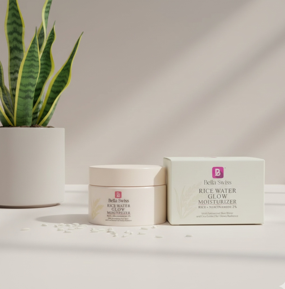 Bella Swiss Rice Water Glow Moisturizer styled with botanicals
