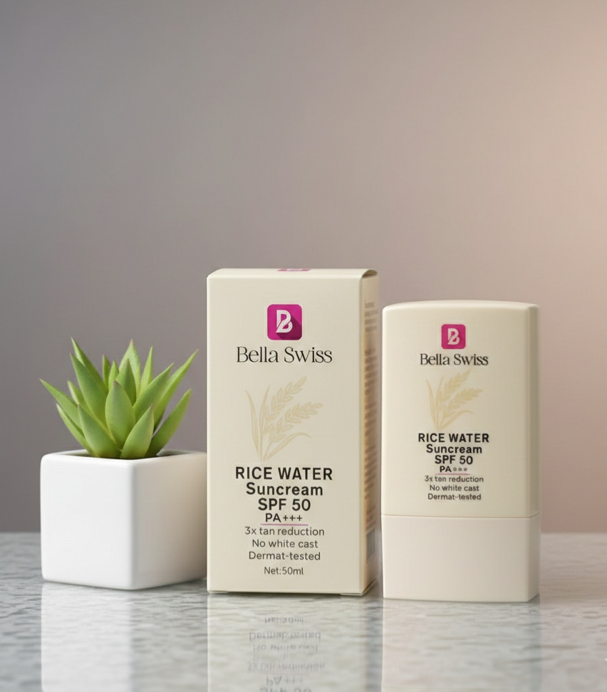 Bella Swiss Rice Water Suncream SPF 50 PA+++ bottle and box